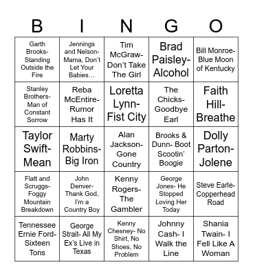 Radio Bingo Country Bingo Card
