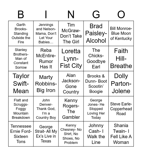 Radio Bingo Country Bingo Card