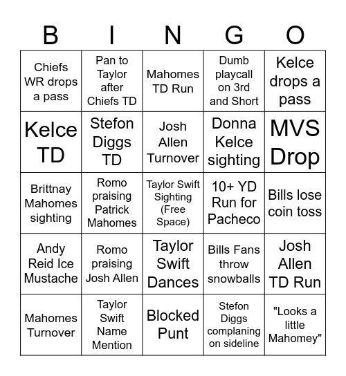 Chiefs-Bills Bingo Card
