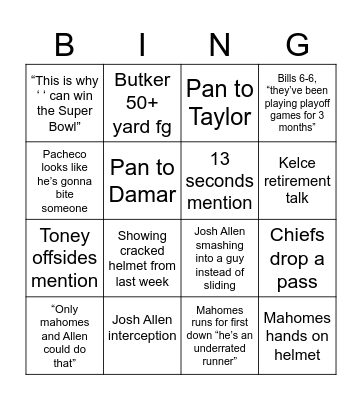 Chiefs v. Bills Bingo Card