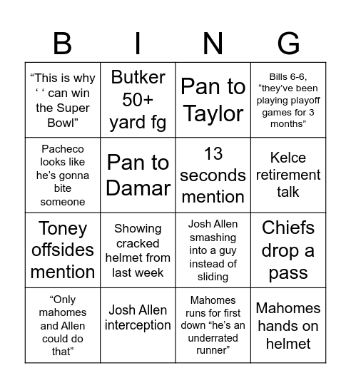 Chiefs v. Bills Bingo Card