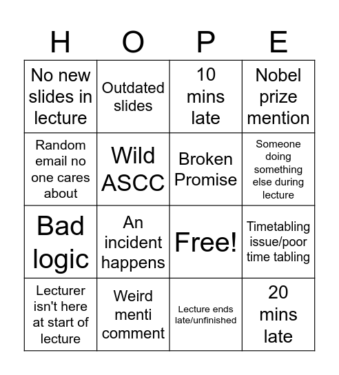 Qlecture2 Bingo Card