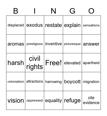 Vocabulary Bingo Card