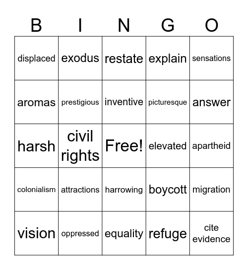 Vocabulary Bingo Card