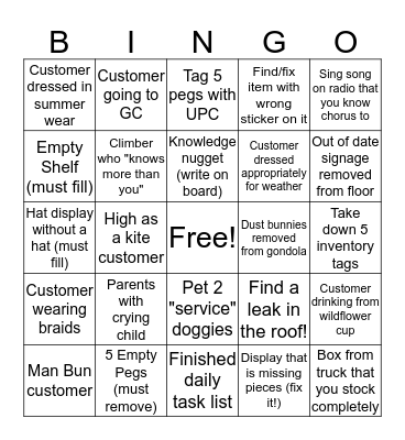 REI Customer/Visual BINGO Card