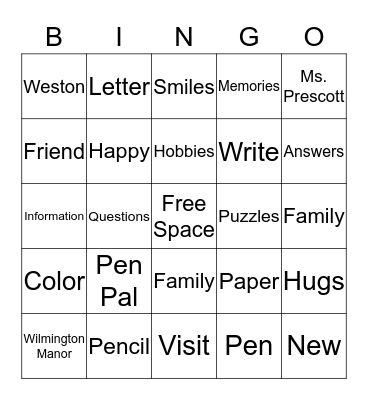 PEN PAL Bingo Card