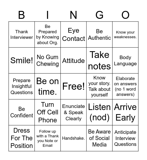 Interview BINGO! Bingo Card