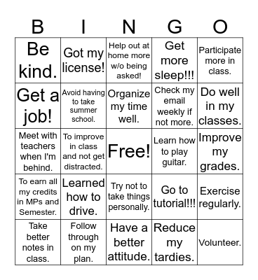 ILP Goals & Action Plans Bingo Card