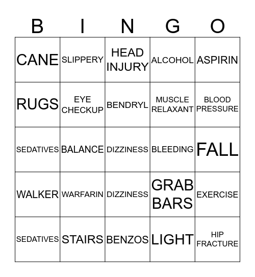 Fall Prevention Bingo Card