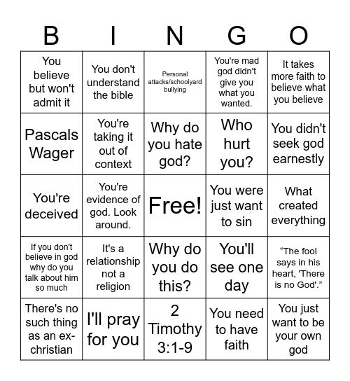 Things Christians Say Bingo Card
