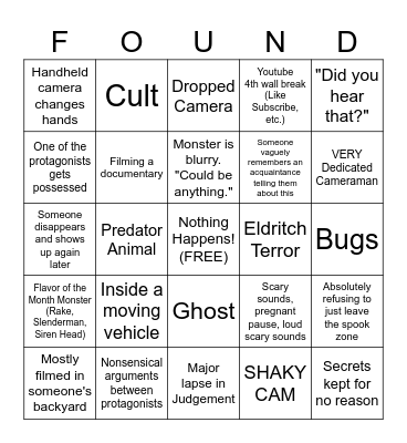 Found Footage Bingo Card