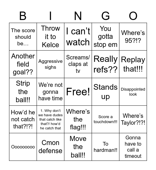 Chiefs Game Bingo Card