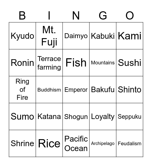 Japan Bingo Card