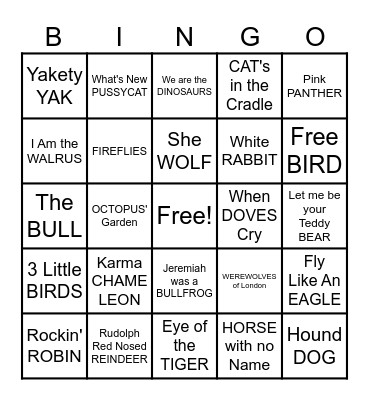Animal Song Title Bingo Card
