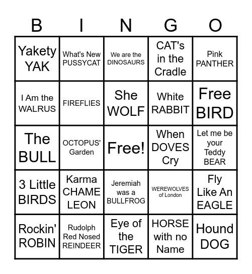 Animal Song Title Bingo Card