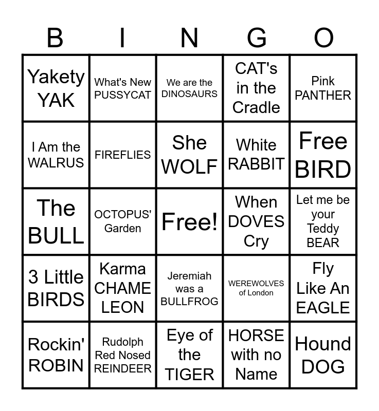 Animal Song Title Bingo Card