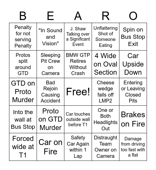 Bearpope Daytona 24hr Bingo Card