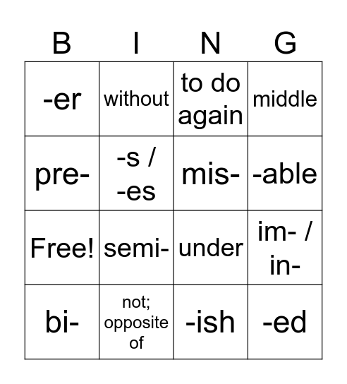 Affixes Bingo Card