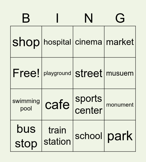 places in town Bingo Card