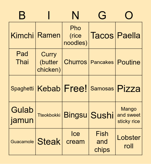 Food around the world Bingo Card