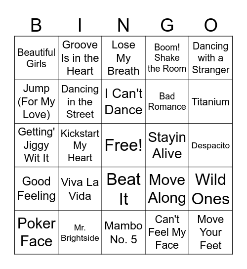 MUSIC BINGO - GET MOVIN Bingo Card