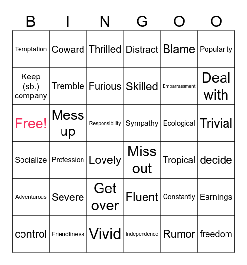 M. 6 UNIT 7 vocabulary Bingo Card