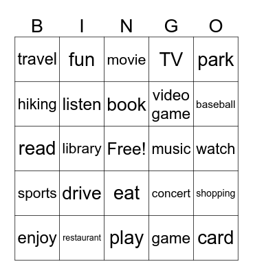 Activities Bingo Card