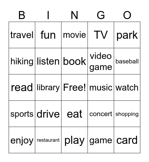 Activities Bingo Card