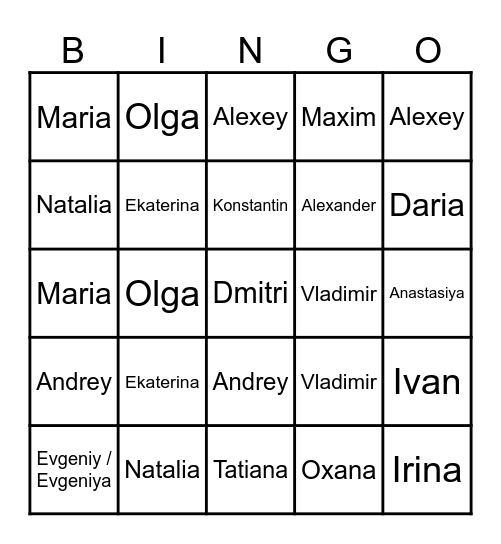 Russian Name Bingo Card