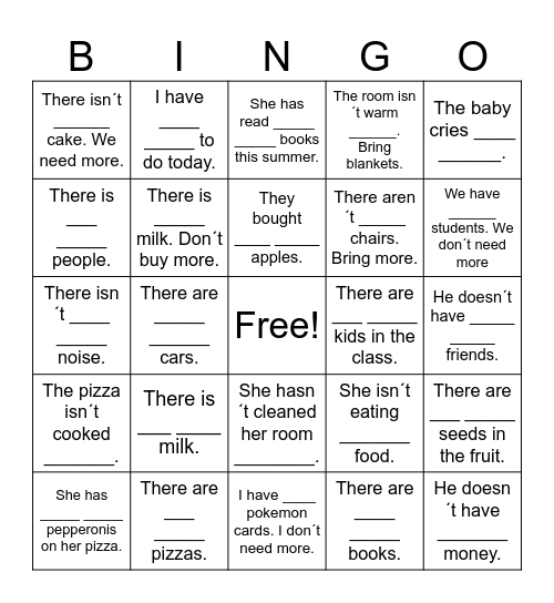 Too Much, Too Many, and Enough Bingo Card