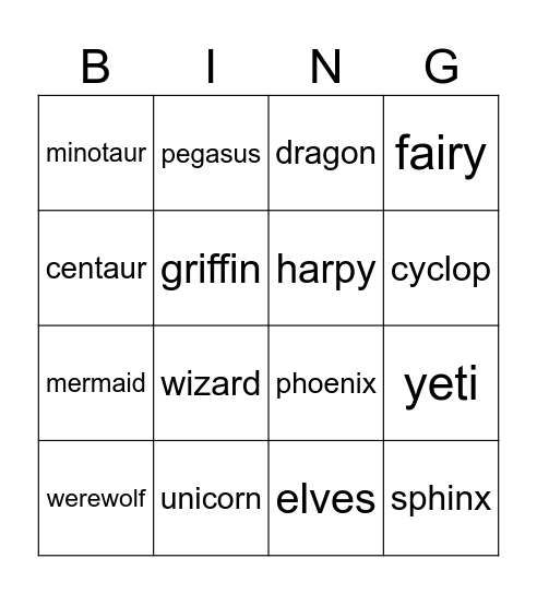 Mythical creatures Bingo Card