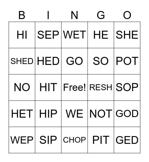 Long and Short Vowels Bingo Card