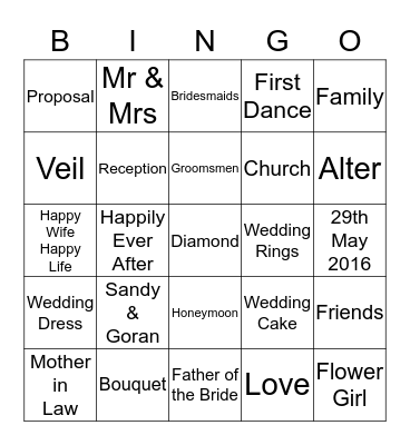 Sandy's Bridal Shower  Bingo Card