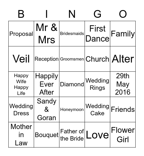 Sandy's Bridal Shower  Bingo Card