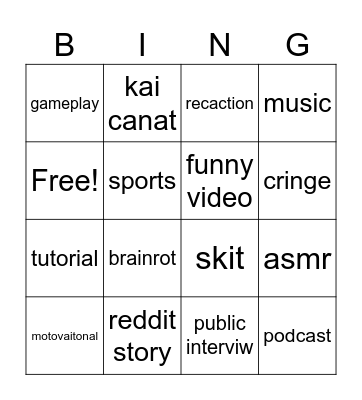 yt shorts bingo Card
