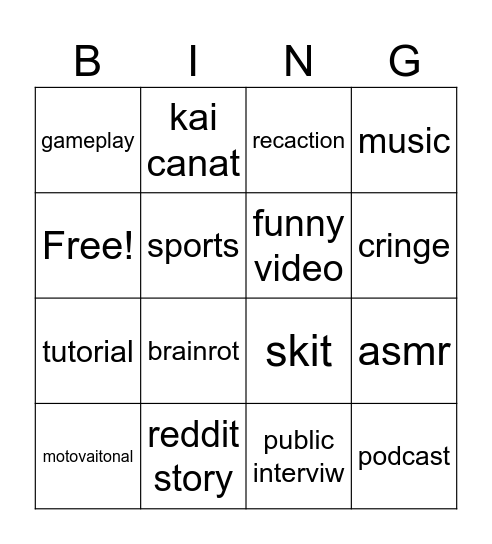 yt shorts bingo Card