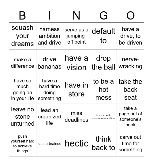 Ambition bingo Card