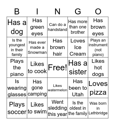 Getting To Know You Bingo Card