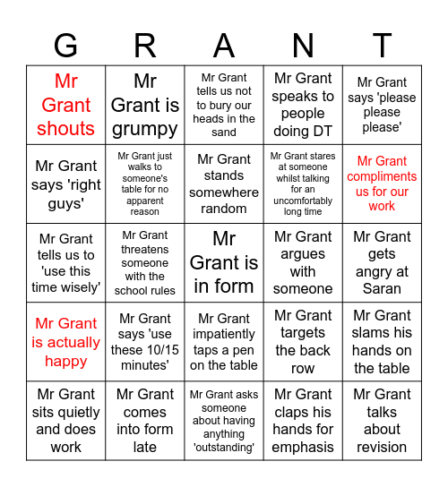 Mr Grant in Form Bingo Card