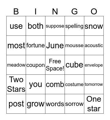 This week's spelling words Bingo Card