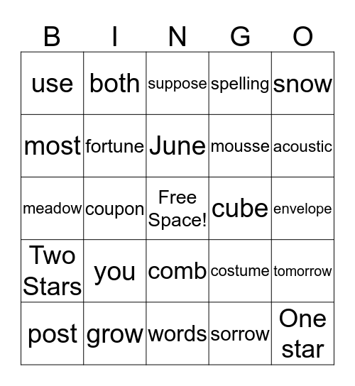 This week's spelling words Bingo Card