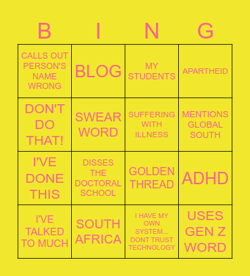 Shezza-isms Bingo Card
