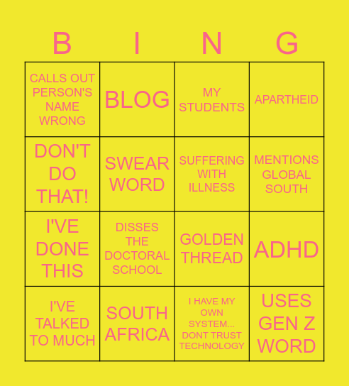 Shezza-isms Bingo Card