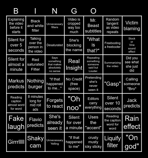 Sssniperwolf Bingo Card