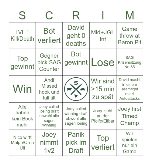 SAG Scrims Bingo Card