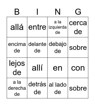 Prepositions often used with ESTAR Bingo Card