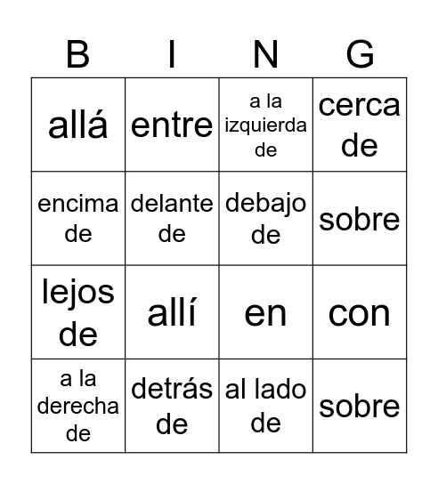 Prepositions often used with ESTAR Bingo Card