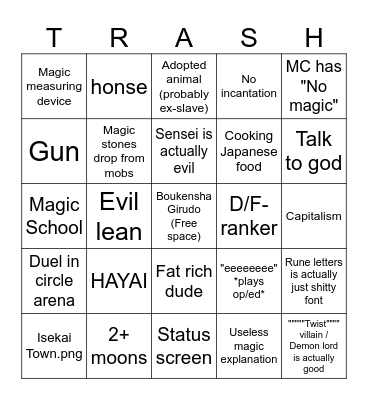 Isekai Bingo Card
