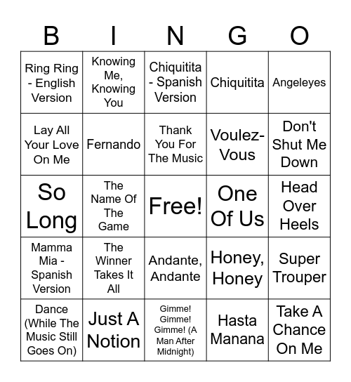 ABBA Bingo Card