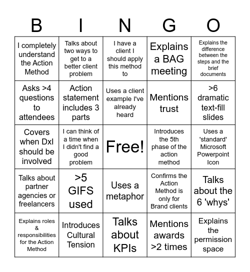 Action Method Bingo Card